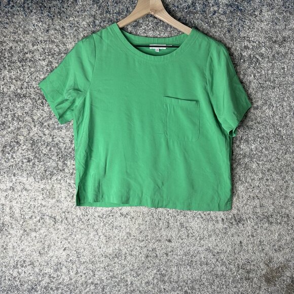 Good American Shirt Womens Small Green Boxy Cropped Chest Pocket Tee Rayon Blend - Picture 1 of 7
